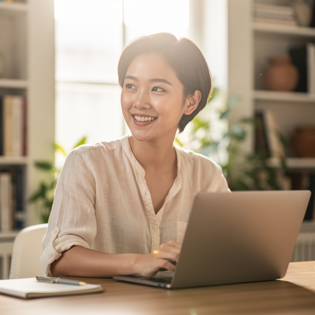 Educadora digital de unos 27 años, sonriente, con portátil abierto en un espacio de trabajo moderno