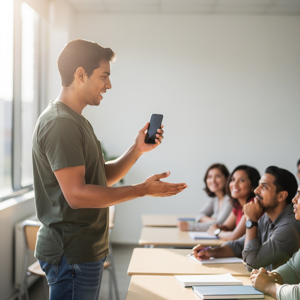 Facilitador de talleres digitales de unos 26 años explicando el uso de un smartphone a un grupo pequeño